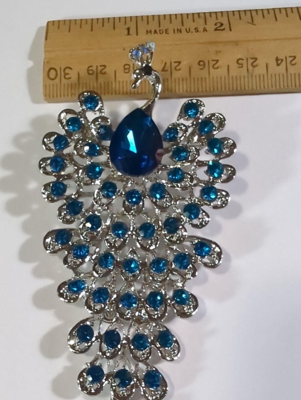 Vintage Articulated Peacock Brooch Teal Blue Crystal Rhinestones Silver 4" - Picture 5 of 10